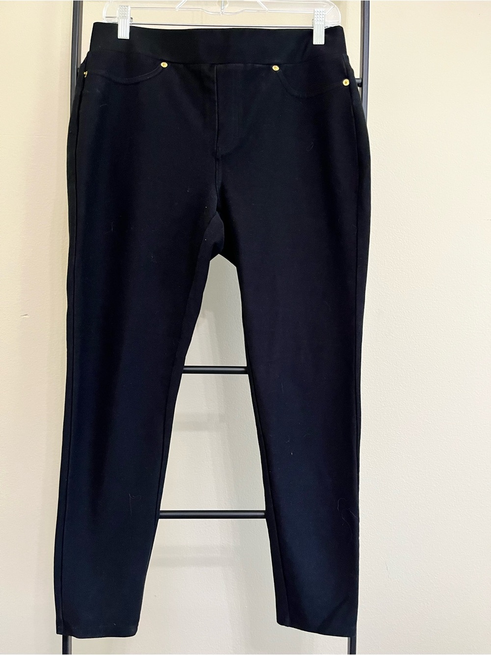 Michael Kors MK Midnight Blue Black Pull On Slim Leg Pants L  Gold rivet detail - Picture 2 of 8